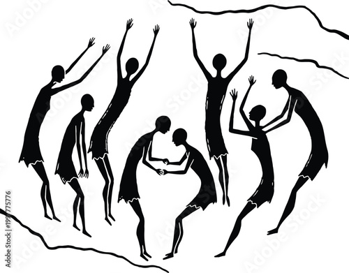 Ancient cave painting depicting human figures in ritualistic or daily life scene