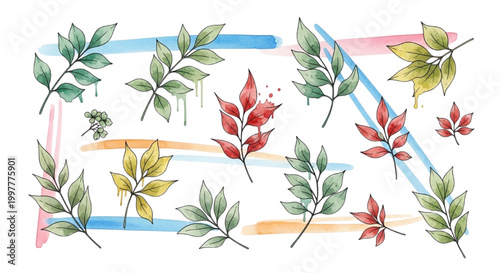 Watercolor autumn leaves with colorful brush strokes, perfect for seasonal designs