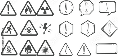 Collection of hand drawn warning and hazard signs in black and white