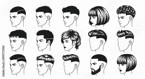Modern Male and Female Haircut Profile Silhouette Set