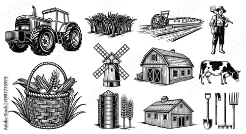 Vintage Hand Drawn Agriculture and Farming Element Collection