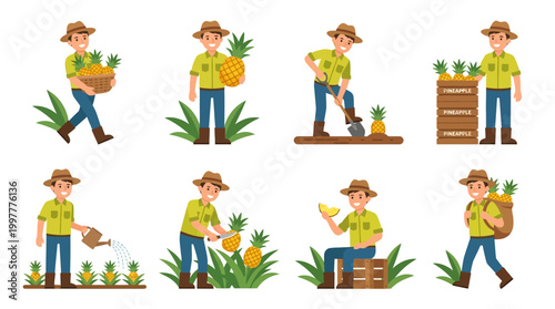 Cartoon farmer engaged in various pineapple farming and harvesting activities daily