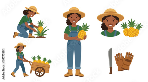 Smiling woman in overalls harvesting and handling pineapples in various farm scenes