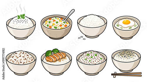 Various rice dishes with different toppings and ingredients in bowls