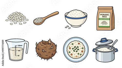 Porang rice ingredients and preparation steps illustrated in a colorful cartoon style for cooking and recipe purposes