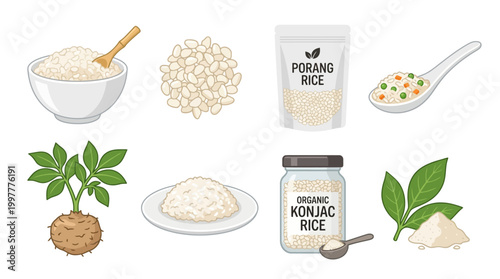 Konjac rice and porang rice products in various forms and dishes