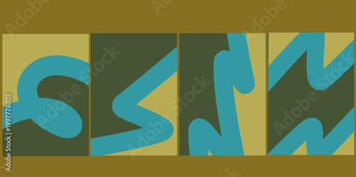 Teal green wavy abstract background set. Illustration vector background featuring fluid teal blue wavy forms interacting with deep forest green and light olive geometric background layers.