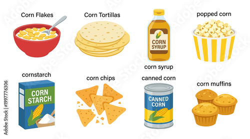 Various corn products including flakes tortillas syrup popcorn starch chips canned muffins