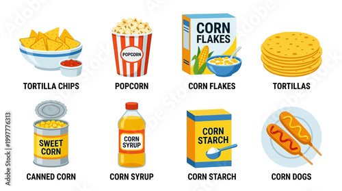 Various corn based foods and snacks for different uses