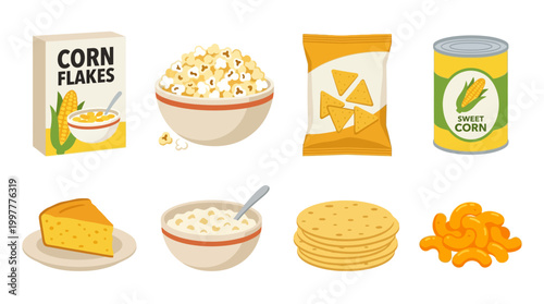 Various corn based foods including snacks and cereals displayed