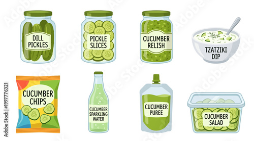 Various cucumber products including pickles, chips, and dips in jars and containers