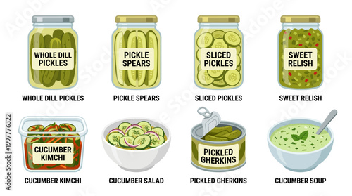 Various types of pickled and fresh cucumber products in jars and bowls