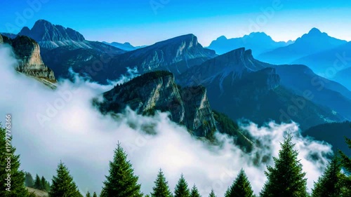 a wide alpine scene with heavy fog drifting slowly across mountain layers
