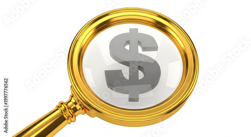 Golden magnifying glass focusing on dollar sign isolated on transparent background
