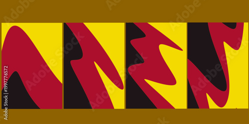 Bold red black wavy background set. Illustration vector background with expressive thick red wavy strokes over a contrast black and yellow geometric layout for artistic impact.