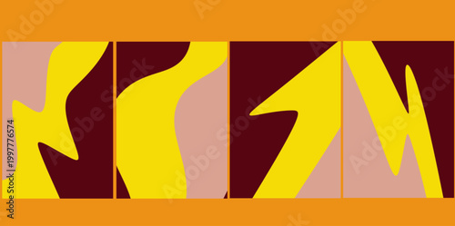 Retro zigzag yellow maroon background set. Illustration vector background with dynamic yellow lightning and zigzag shapes on a dark maroon and dusty pink retro color palette.
