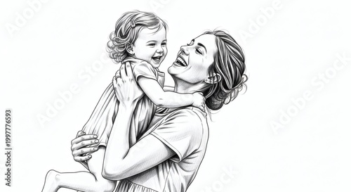 Happy Mother Holding Laughing Toddler Daughter Sketch Illustration