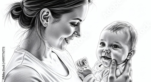 Pencil drawing of a young mother smiling at her infant baby