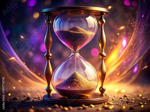 Golden hourglass with flowing sand and colorful bokeh lights