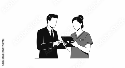 Doctor and businessman discussing medical data on tablet computer.