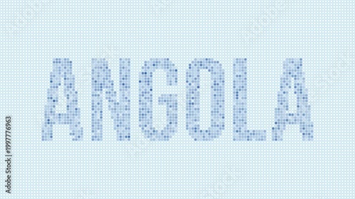 Angola dotted map animation. Digital style shape of the country. Angola shape and title dots appear with bulb flickering effect. Intro, outro, logo, title video.