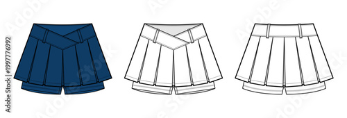 Pleated V-Waistband Micro Skort Technical Sketch - Tennis Skirt with Built-In Shorts Technical Flat Vector template.