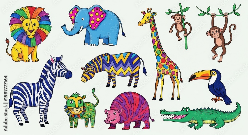 Fototapeta premium Colorful Hand-Drawn Cartoon Animals for Children's Illustrations