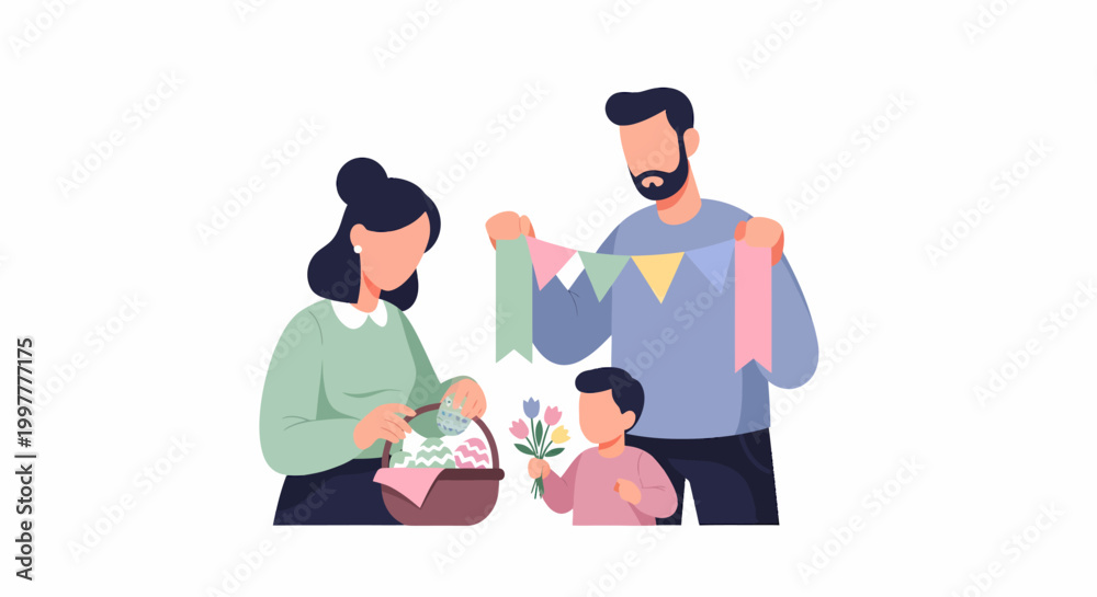 Fototapeta premium Family decorating for a celebration with colorful bunting and basket.