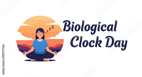 A serene vector illustration for Biological Clock Day, featuring a woman in a meditative pose against a stylized sunset backdrop, symbolizing the body clock concept and promoting wellness