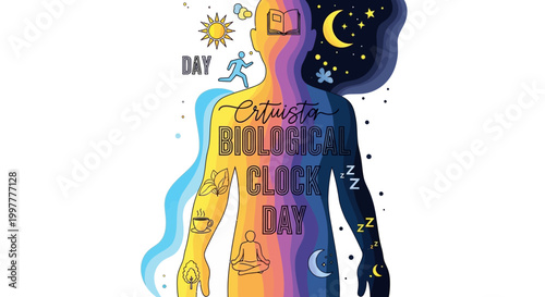 Anatomical vector art depicting the human body's internal clock for Biological Clock Day, split into day and night cycles with icons illustrating daily activities, set against a clean white