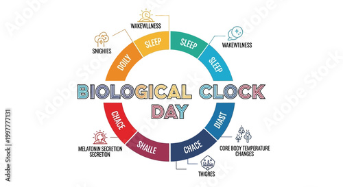 A vector illustration displays a biological clock concept for Biological Clock Day, showing the human biorhythm and sleep cycle with icons representing daily routines in a colorful circular