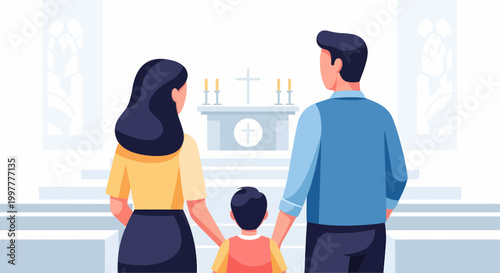 Family attending religious service in church looking at altar.