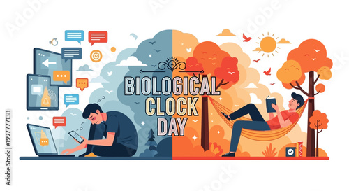A split vector illustration for Biological Clock Day showcases a person using tech devices in a blue-toned, cloudy scene versus a person relaxing in a hammock amidst warm, orange trees