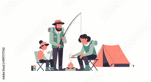 Family camping trip with fishing and campfire.