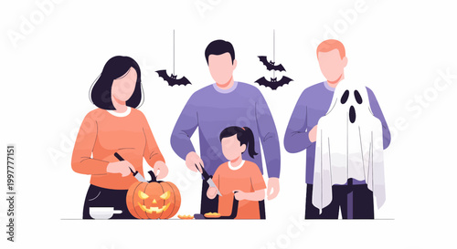 Family Carving Halloween Pumpkin Together with Decorations.