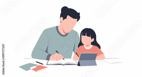 Father and daughter learning together at a desk with tablet and books.