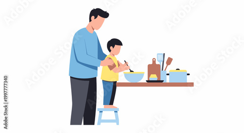 Father and Son Cooking Together in Kitchen.