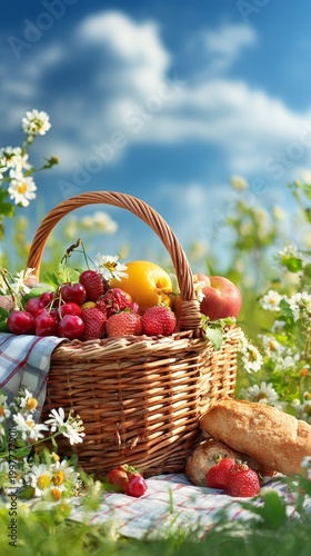A rustic picnic basket filled with fresh fruits and bread resting in a blooming spring meadow, soft natural sunlight, vibrant colors, serene countryside atmosphere, shallow depth of field, ample copy 