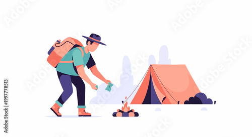 Man camping by tent and campfire with backpack.