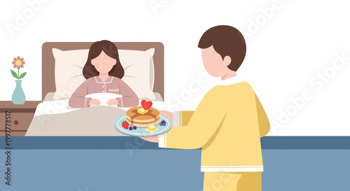 Man brings breakfast to woman in bed.