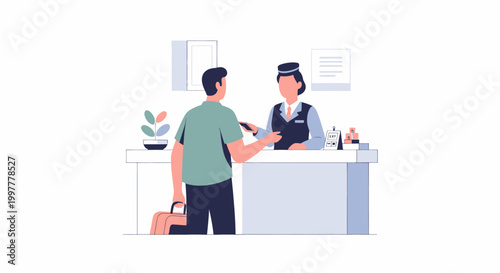Man checking in at airport counter with flight attendant.