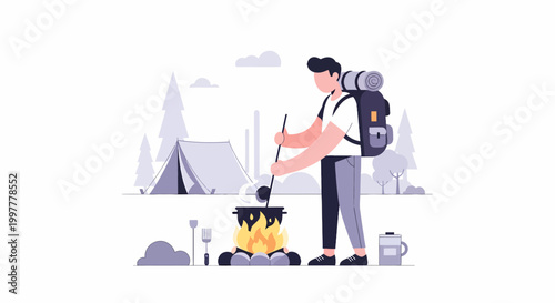 Man cooking at campfire during camping trip with tent in background.