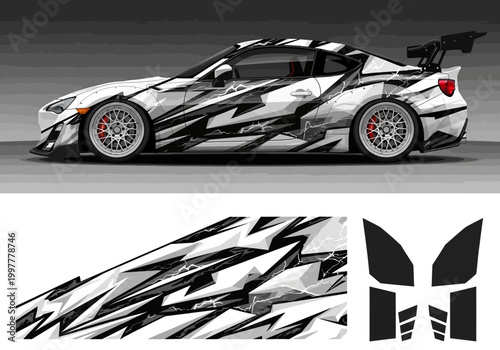 Modern geometric car wrap design for white sports coupe