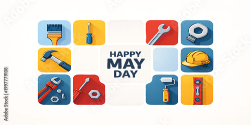 Happy Labor Day USA Tool Icons Grid Vector, May Day Construction Equipment Flat Design, Worker Celebration Illustration