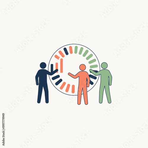 Group of people collaborating around a colorful circle.