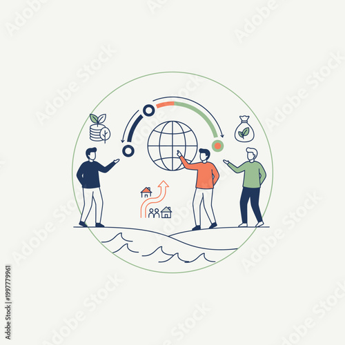 Group of people collaborating around a globe circle.