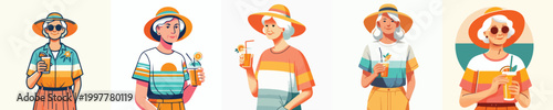 half body vector of a grandma standing on the beach drinking ice on summer