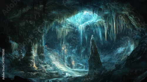 Frozen cave interior, icy formations, glow,  fantasy