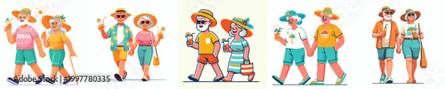 vector of a old couple walking together on the beach drinking ice on summer
