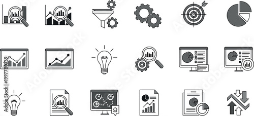 Business analytics and data analysis icon set featuring charts reports target strategy and performance monitoring symbols for corporate decision making
